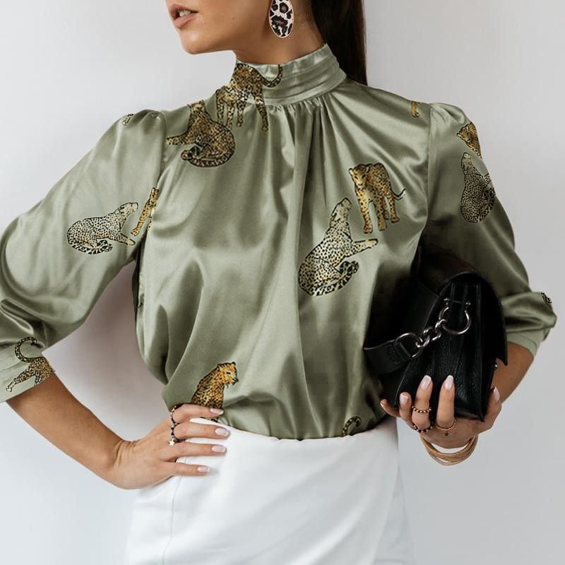 Celmia Women Satin Elegant Blouse 2022 Tiger Print Long Sleeve Shirt Tunic Summer Stand Collar Party Top Casual Blusas Femininas
