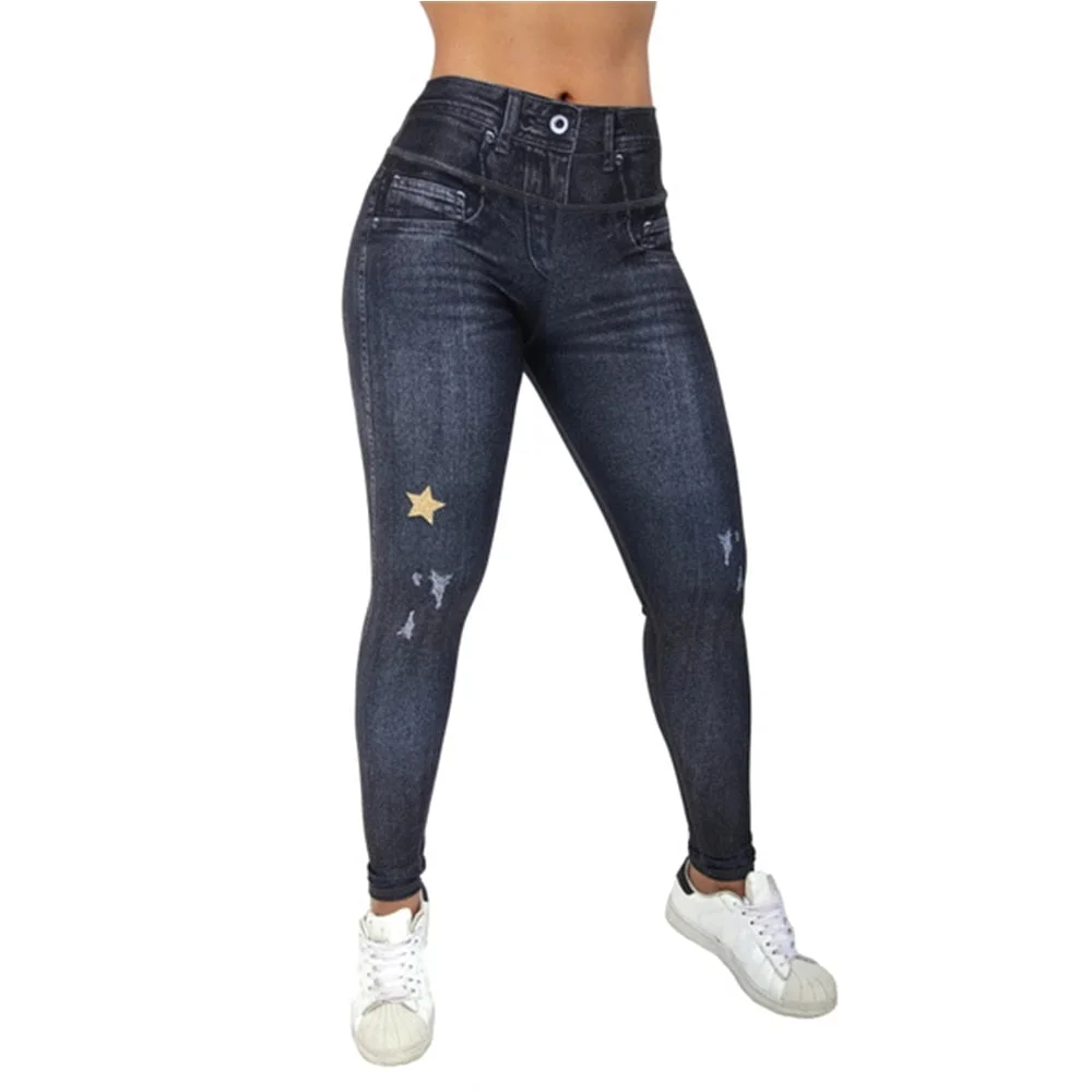 Women Leggings Skinny Stretchy Trousers Sweatpants Denim Print Star Design Pants Casual Spring Summer Jeggings 2021(Not Jeans)