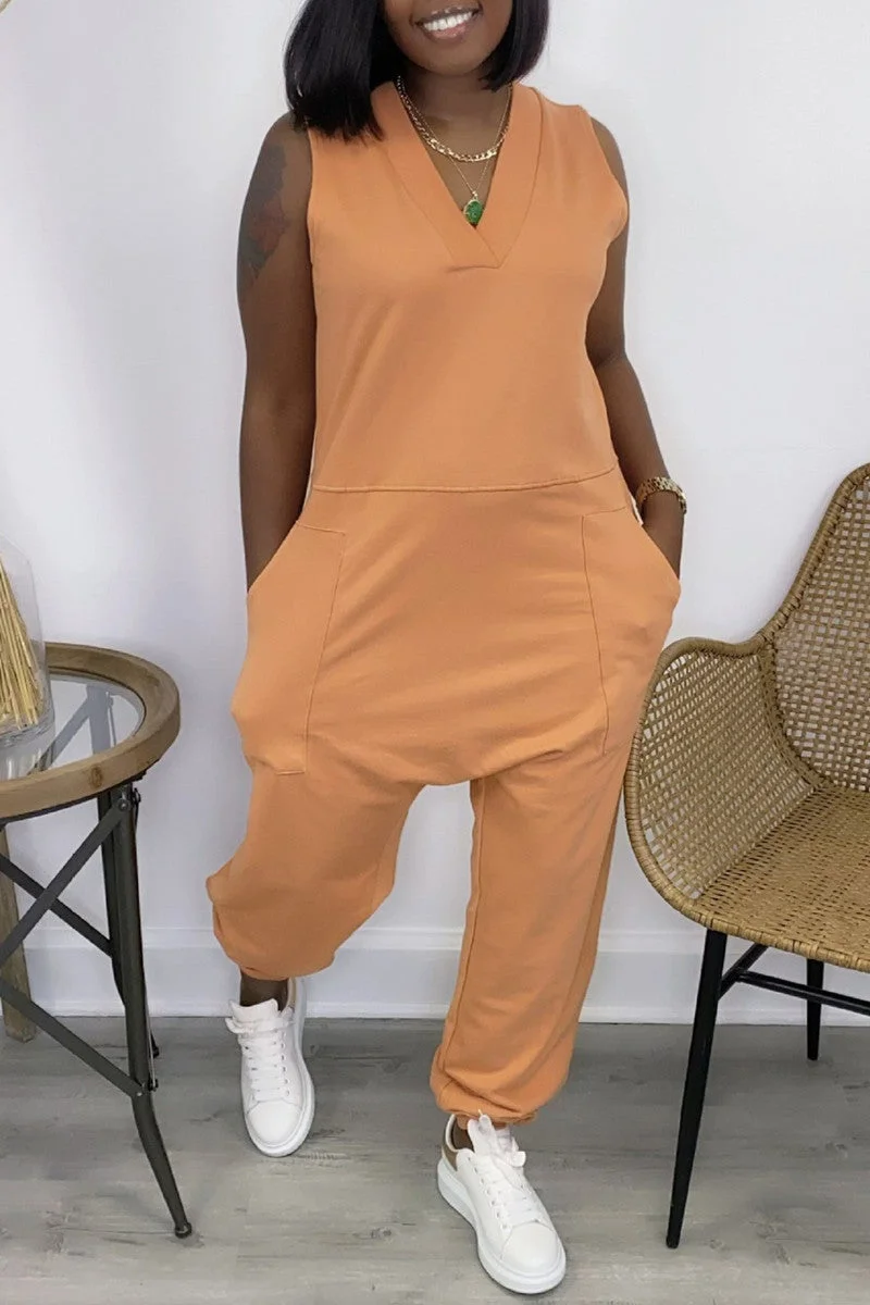 Sleeveless Backless Pockets White Neck V Simple Jumpsuit Cotton
