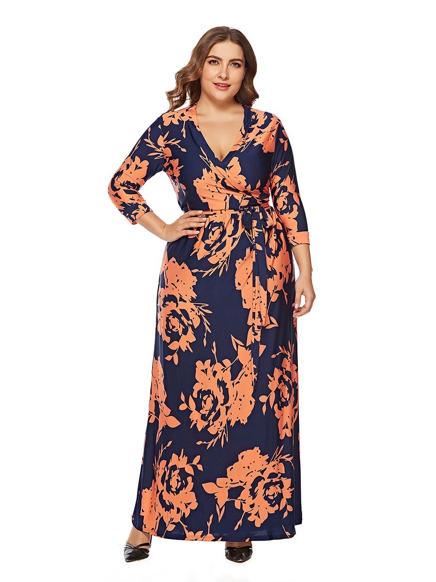 Plus Size Dress Sash Design Long Sleeve Print Maxi Long Dress