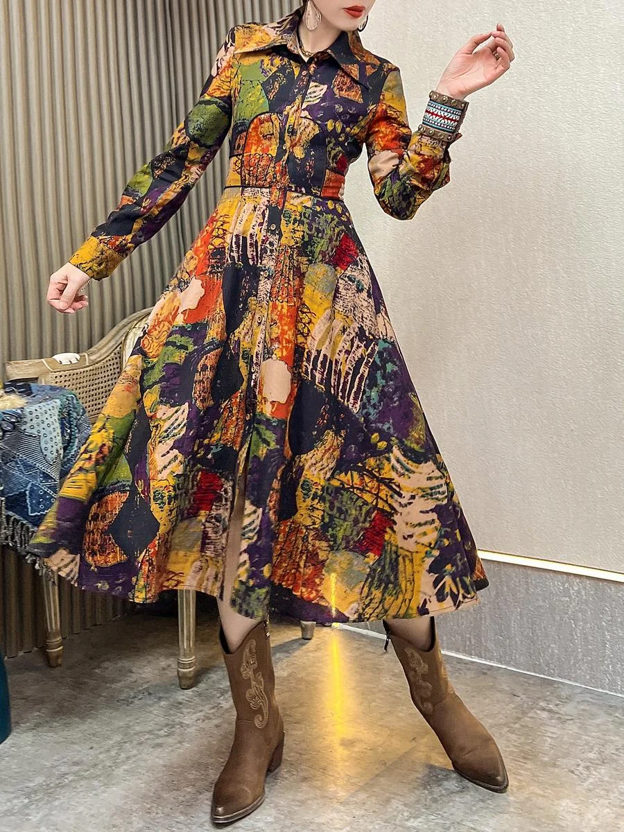 Women's Floral Printed Long Sleeve Shirt Collar Maxi Dress