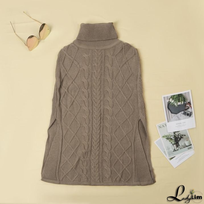 High Neck Loose Cable Knit Pattern Stitching Sweater Tops （7 Colors）