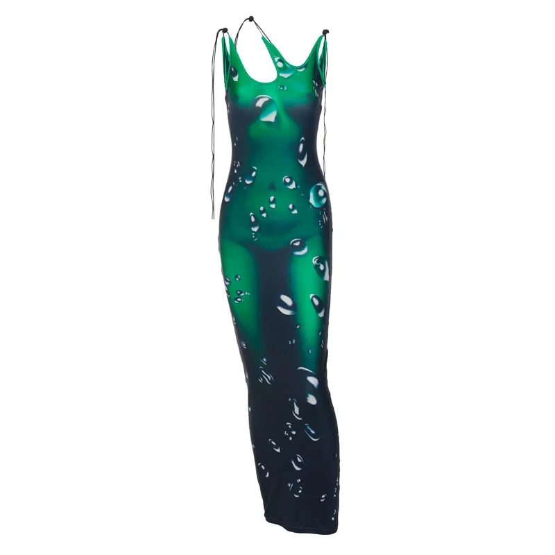 Hawthaw Women Sexy Sleeveless Printed Bodycon Green Straps Long Dress 2022 Summer Clothes Wholesale Items For Business Resale