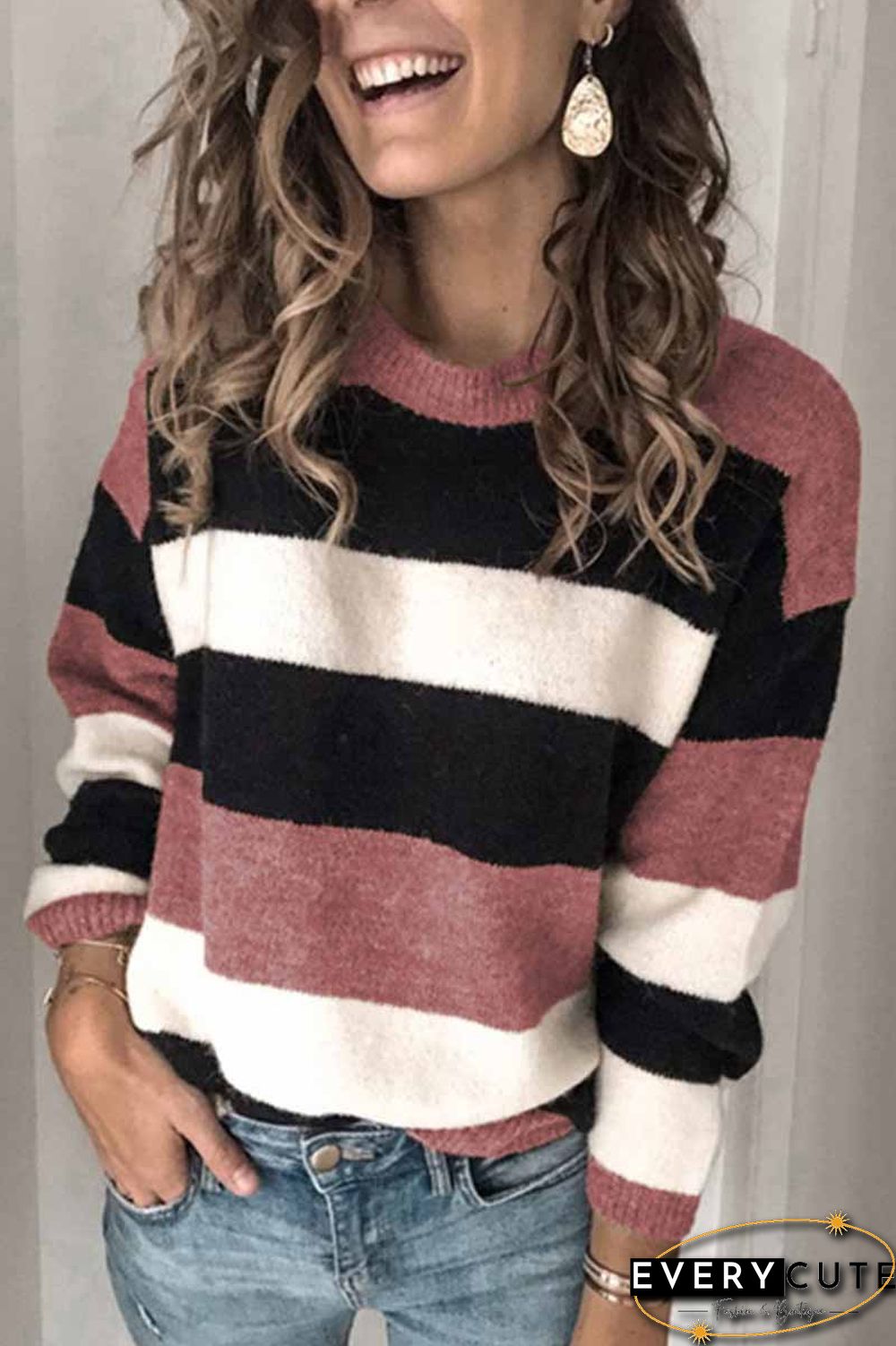 Striped O-Neck Contrast Sweater(3 Colors)