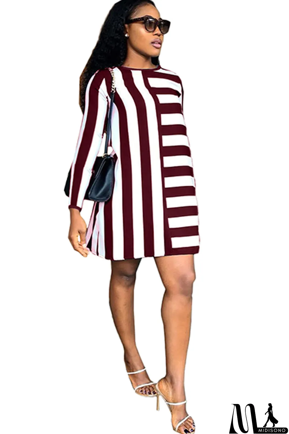 MidiSono - White Acetyl fiber Sweet Cap Sleeve Long Sleeves O neck Swagger Knee-Length Print Striped Patchwork