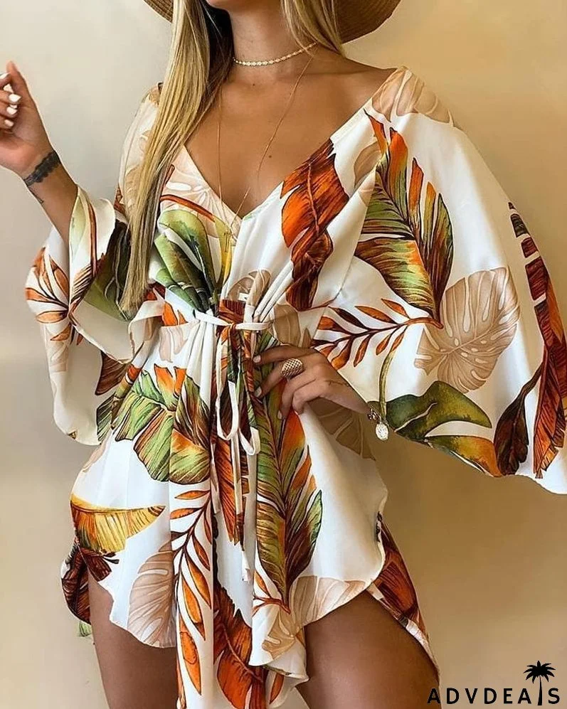 Tropical Print Asymmetrical Tie Front Mini Dress