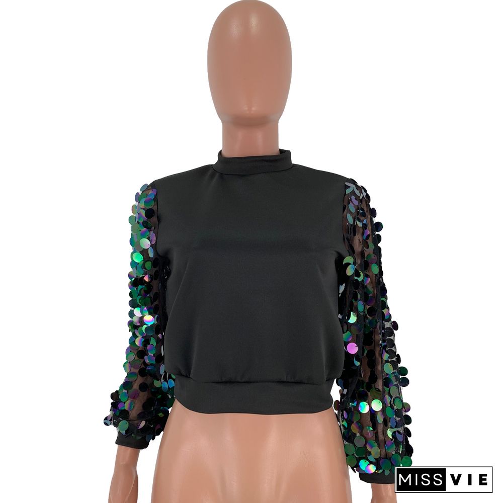 Sequin Patchwork Long Sleeve Blouses Shirts