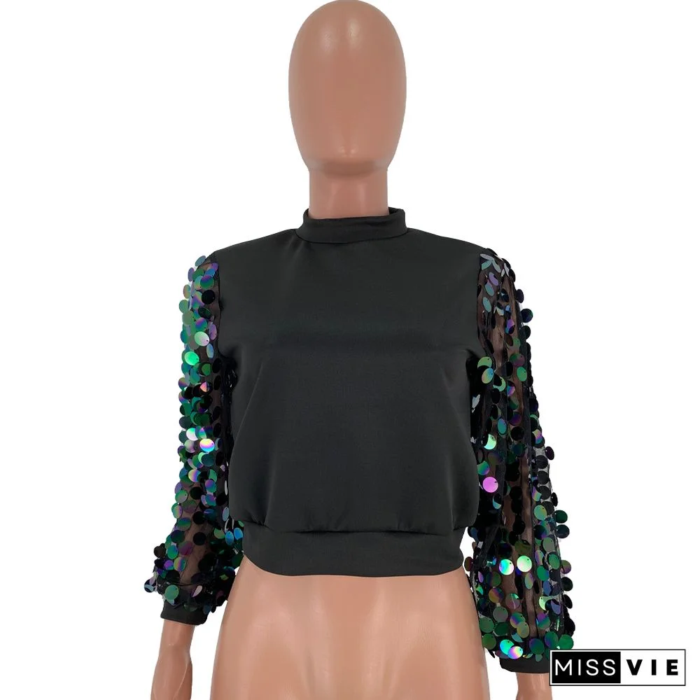 Sequin Patchwork Long Sleeve Blouses Shirts