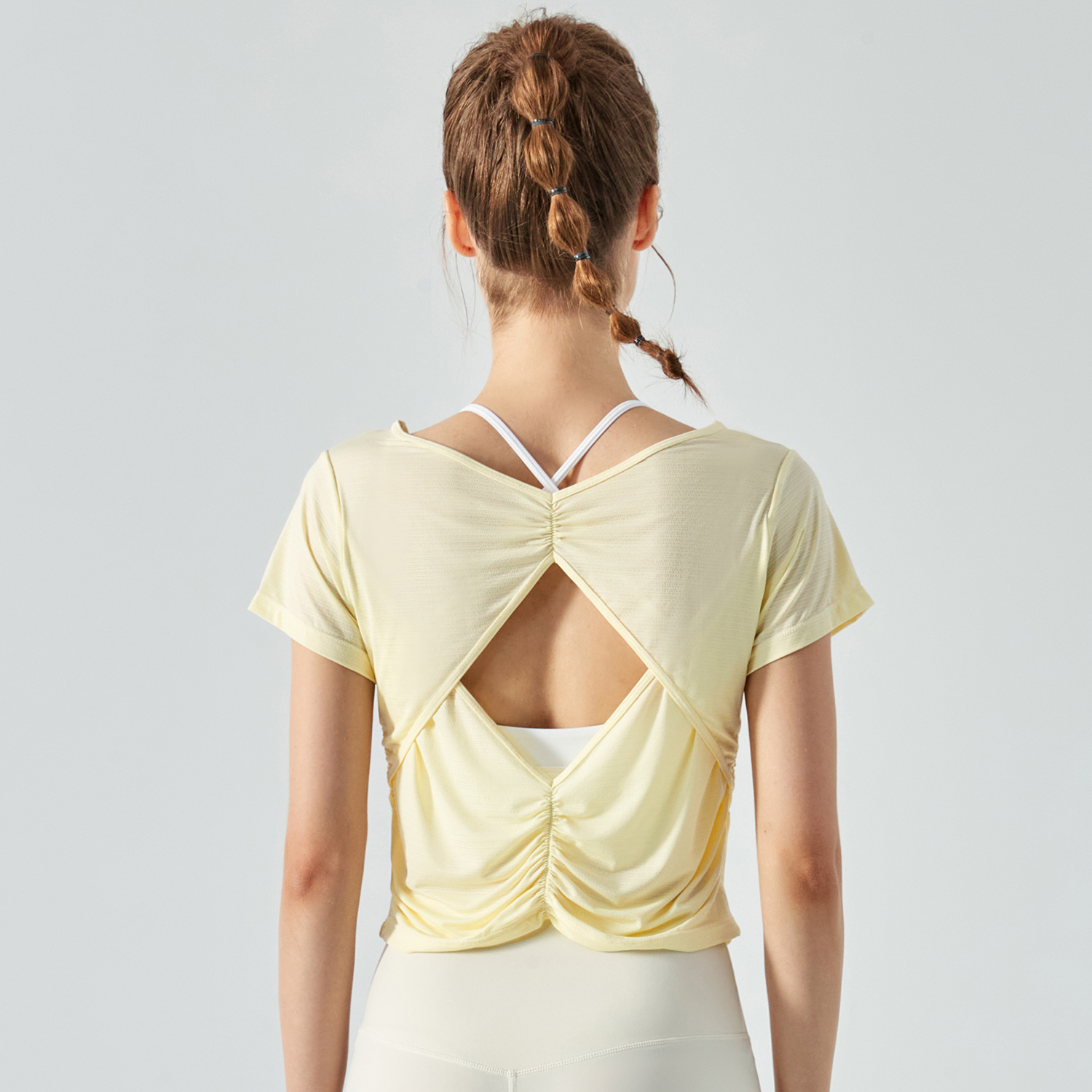 Buy Hergymclothing Buttery Yellow dry fit open back cotton soft lightweight breathable nature eco skin friendly nylon short sleeve yoga shirt for women online