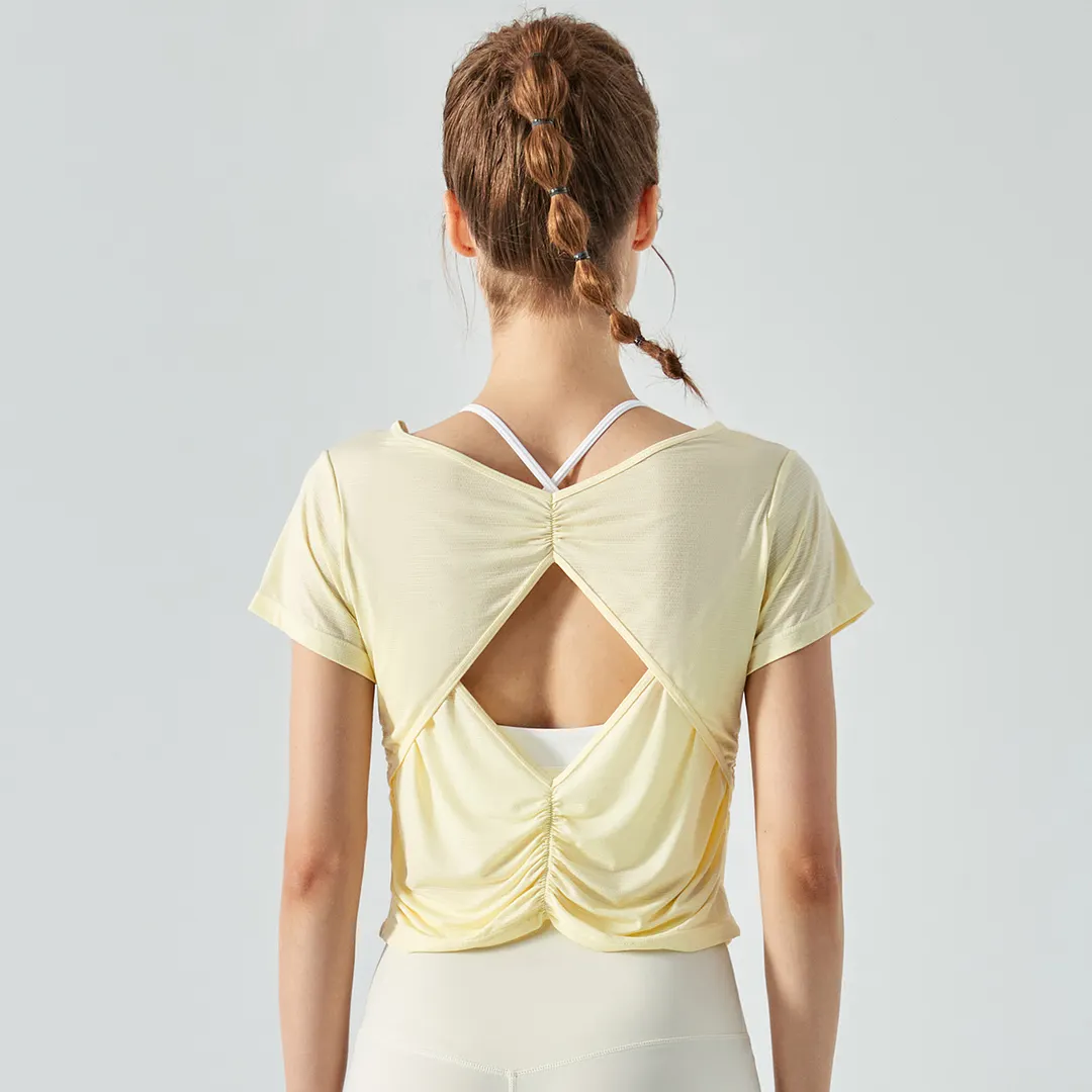 Buy Hergymclothing Buttery Yellow dry fit open back cotton soft lightweight breathable nature eco skin friendly nylon short sleeve yoga shirt for women online