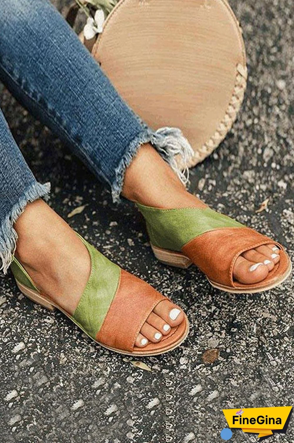 Peep Toe Stacked Flat Sandals