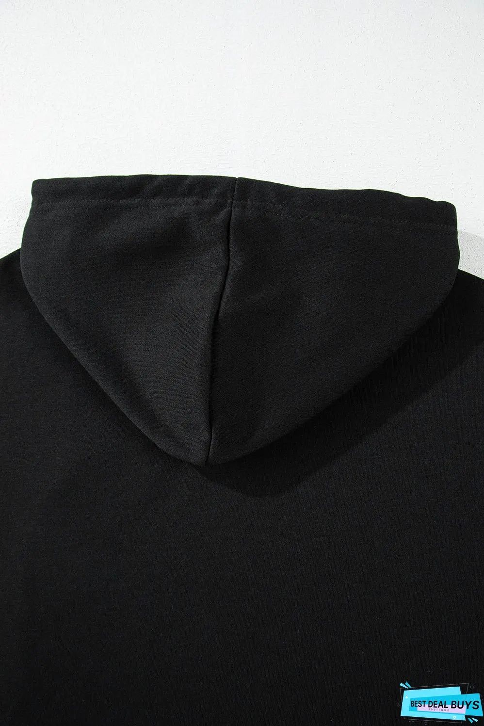 Black Solid Drop Shoulder Drawstring Cropped Hoodie