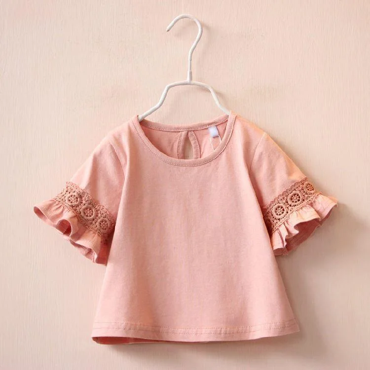 2021 Summer New Baby Kids Girls Clothes Pink Cotton T shirt Short Sleeve Solid Cute Fashion Lace Flared Sleeve Tops Casual