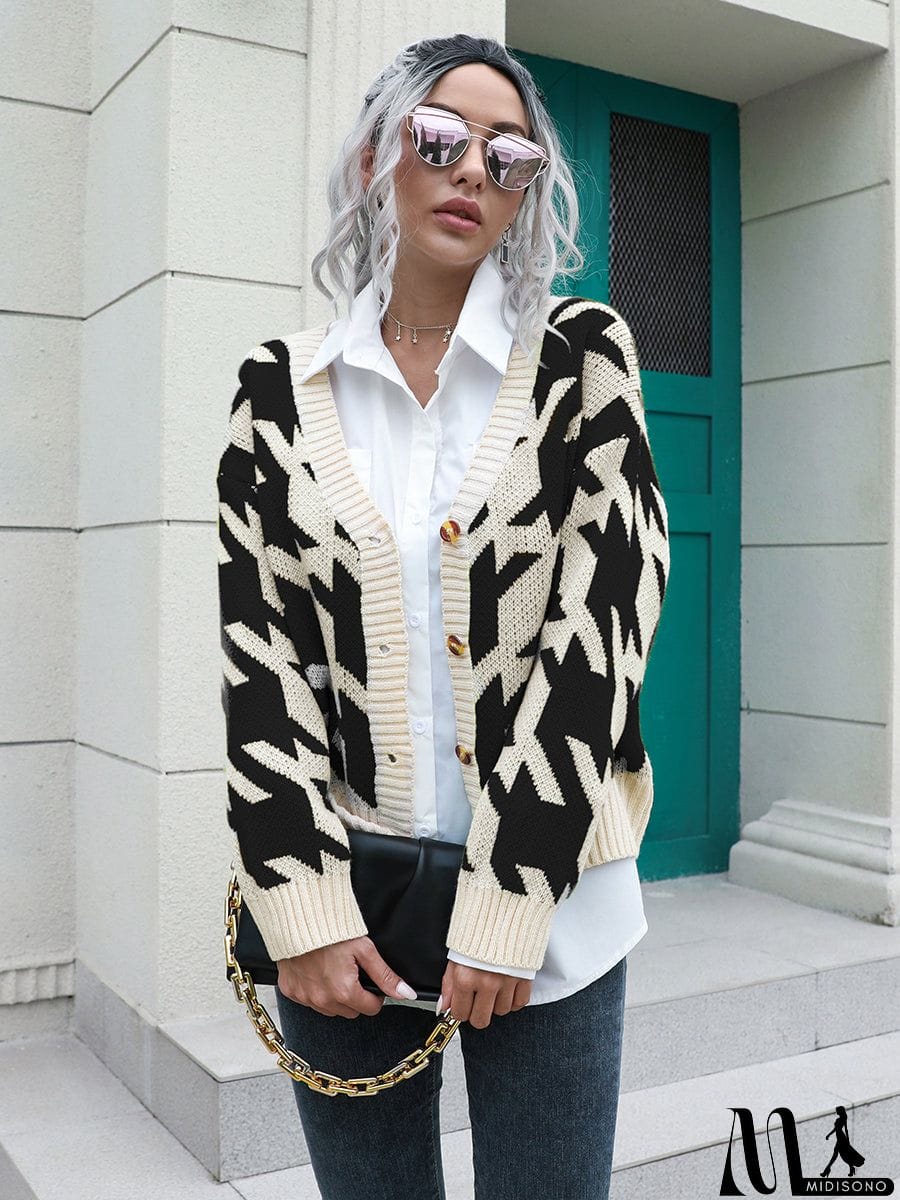 MidiSono - Houndstooth Button Down Cardigan