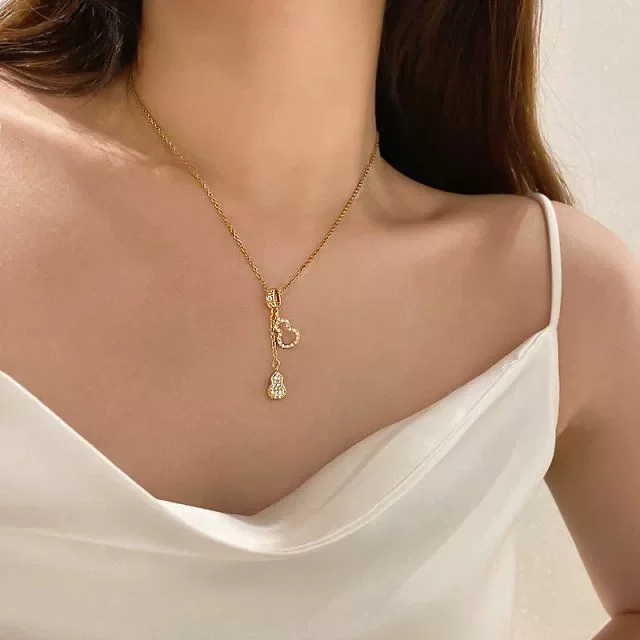 Double-layered, gold-plated brass, zircon, gourd, titanium, steel necklace.