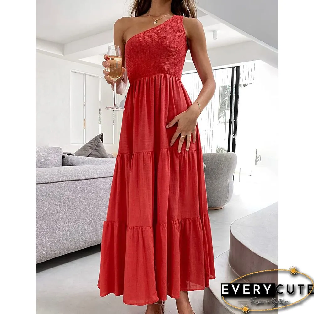 Red One-shoulder Swing Holiday Casual Dress