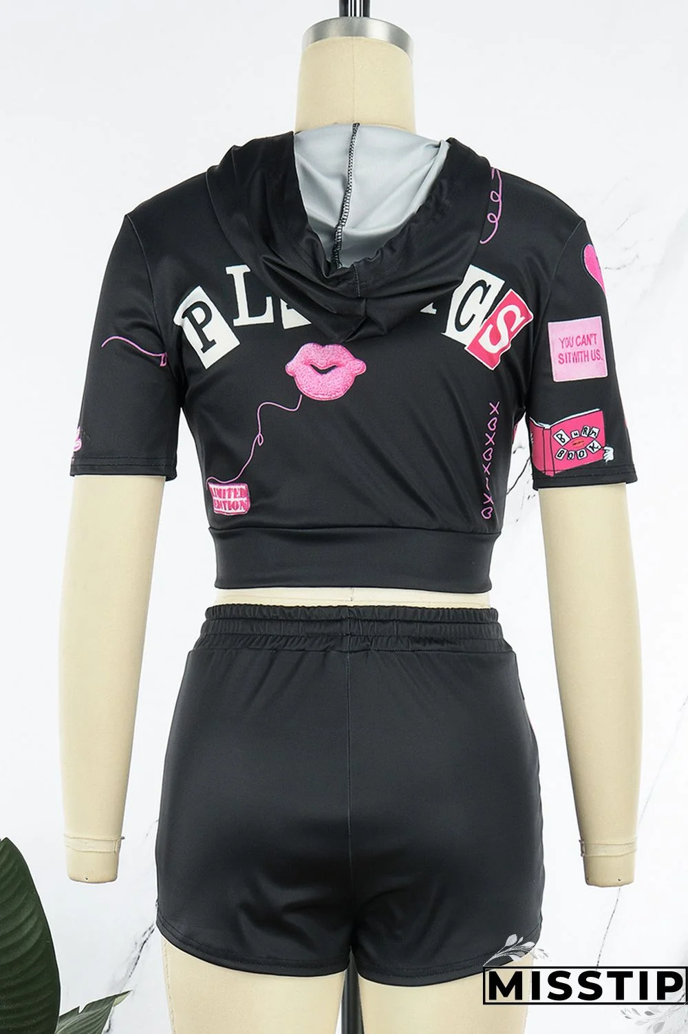 Green Casual Street Print Patchwork Zipper Hooded Collar Short Sleeve Two Pieces