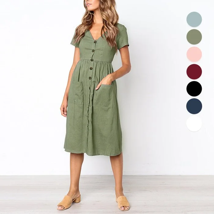 Cotton Linen Summer Pocket Dress