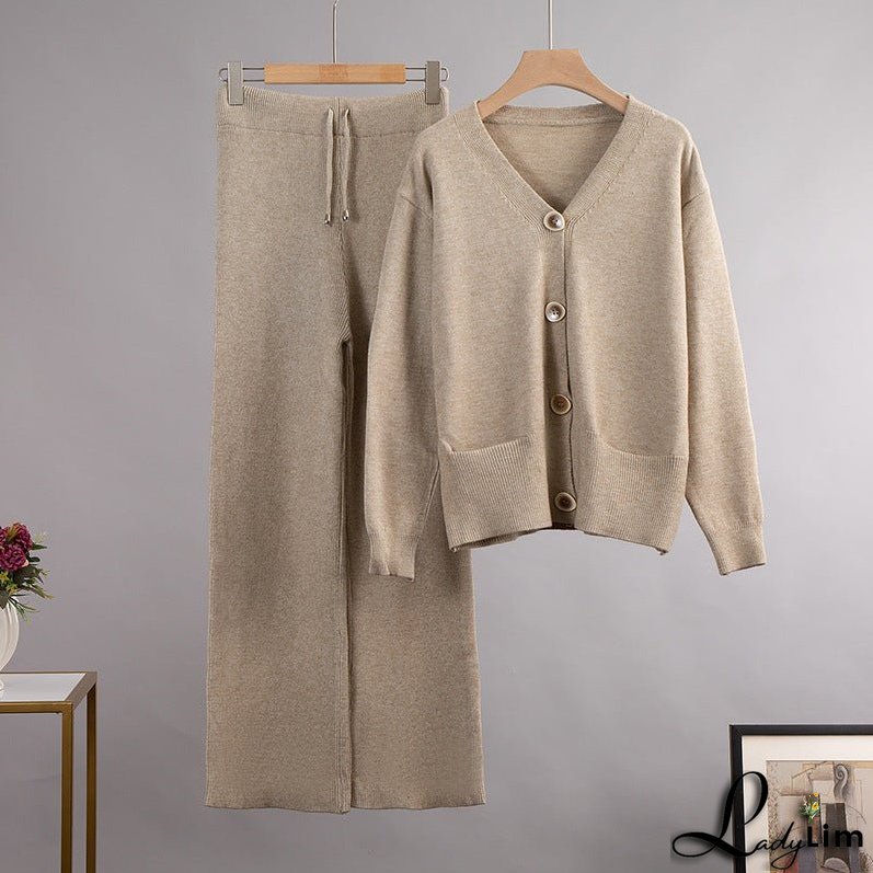 Wide-Leg Pants Suit with V-Neck Cardigan Sweater
