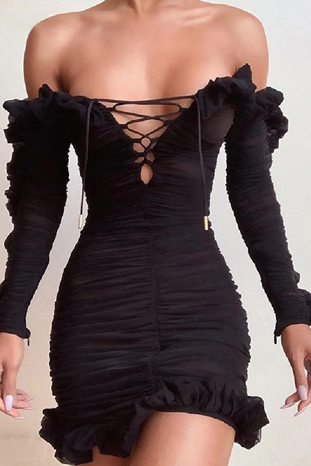 Mesh Ruffled Long Sleeve Deep V Cutout Lace-Up Dress