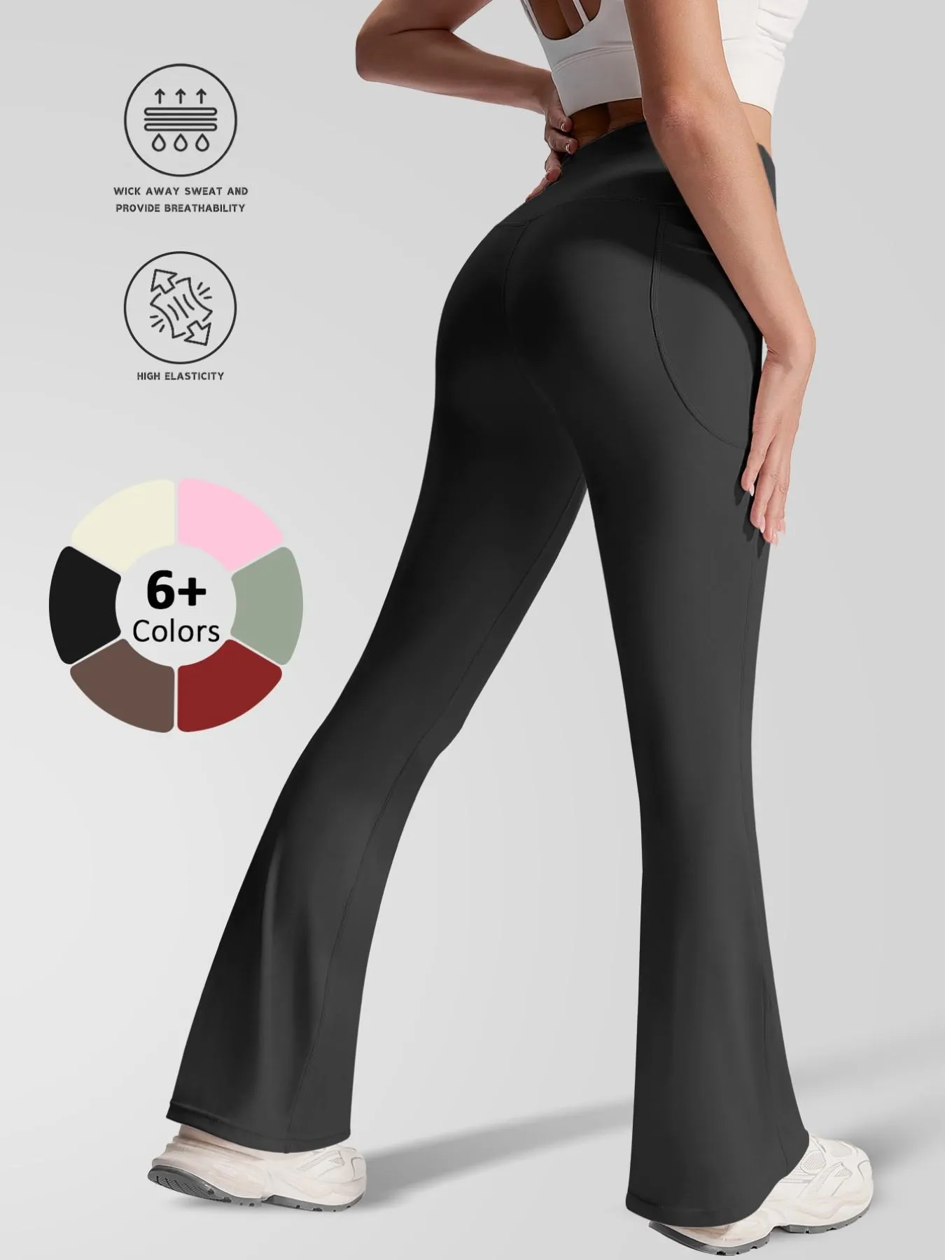 New Sporty Flared Trousers, High Waist Slim-Fit, Breathable Quick-Dry, Side Pockets, Yoga Running Gym Wear, All Seasons, Flared Yoga Bottoms