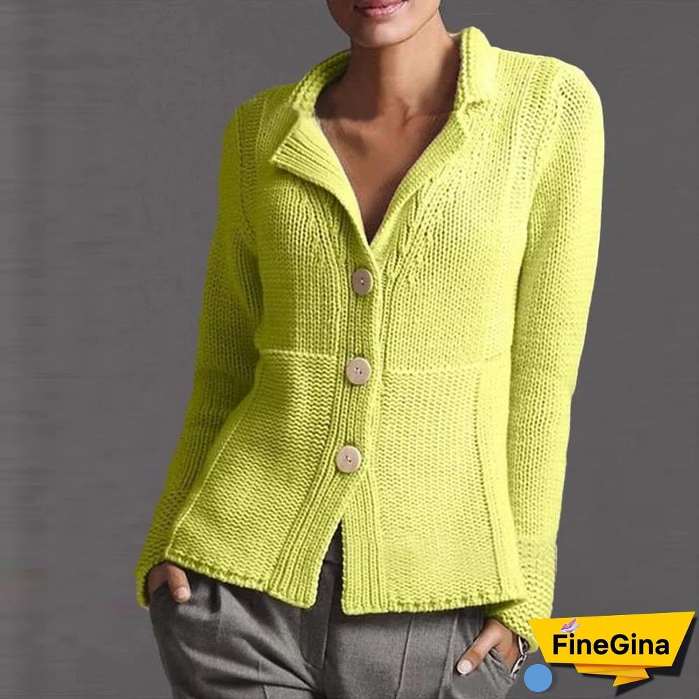 Lapel Plain Button Knit Sweater Cardigan