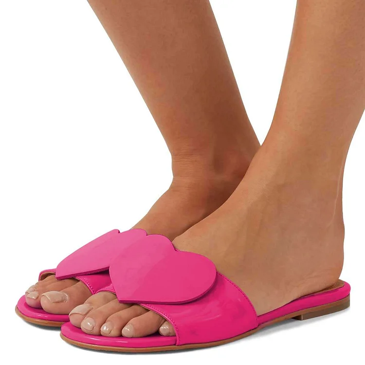 Pink Patent Leather Heart Women's Slide Sandals |FSJ Shoes