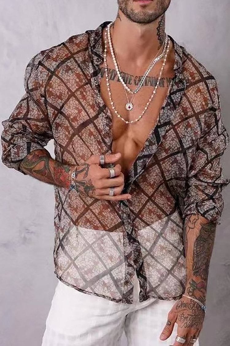 Men's See Through All Over Print Long Sleeve Loose Casual Shirt