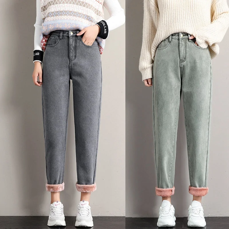 Winter Jeans for Women Velvet Thick Warm Denim Pants High Waist Fleece Mom Jeans Vintage Wide Leg Ankle-Length Harem Denim Pants