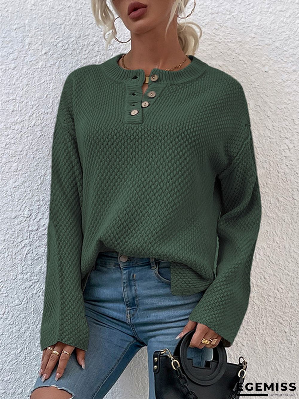 Casual Solid Color Sweater with Round Neck and Buttons | EGEMISS