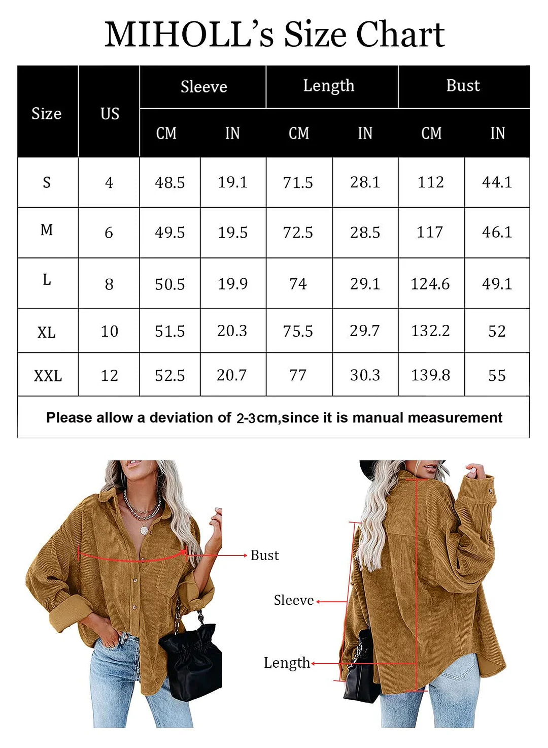MIHOLL Women Corduroy Long Sleeve Button Down Collared Shirt Jacket Tops