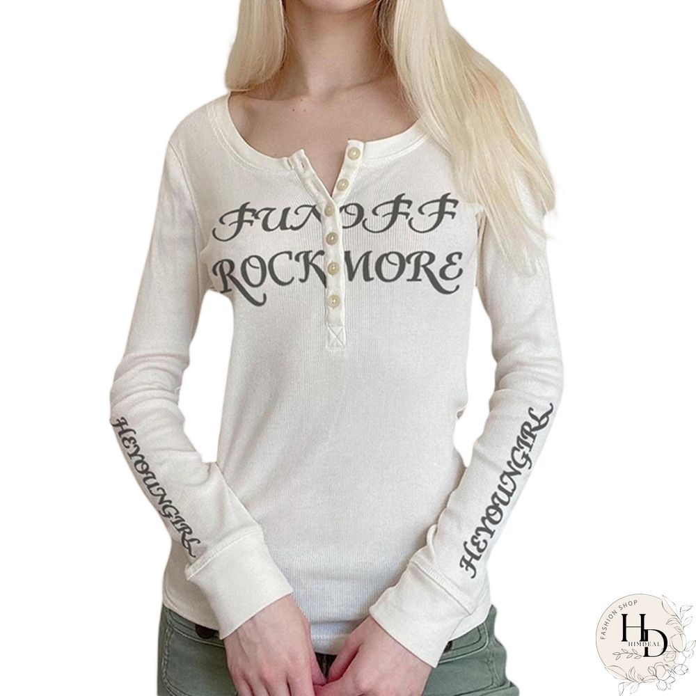 Gothic Shirt Women Button Neck Long Sleeve Tops Letter Print Clothes Y2k Punk Dark