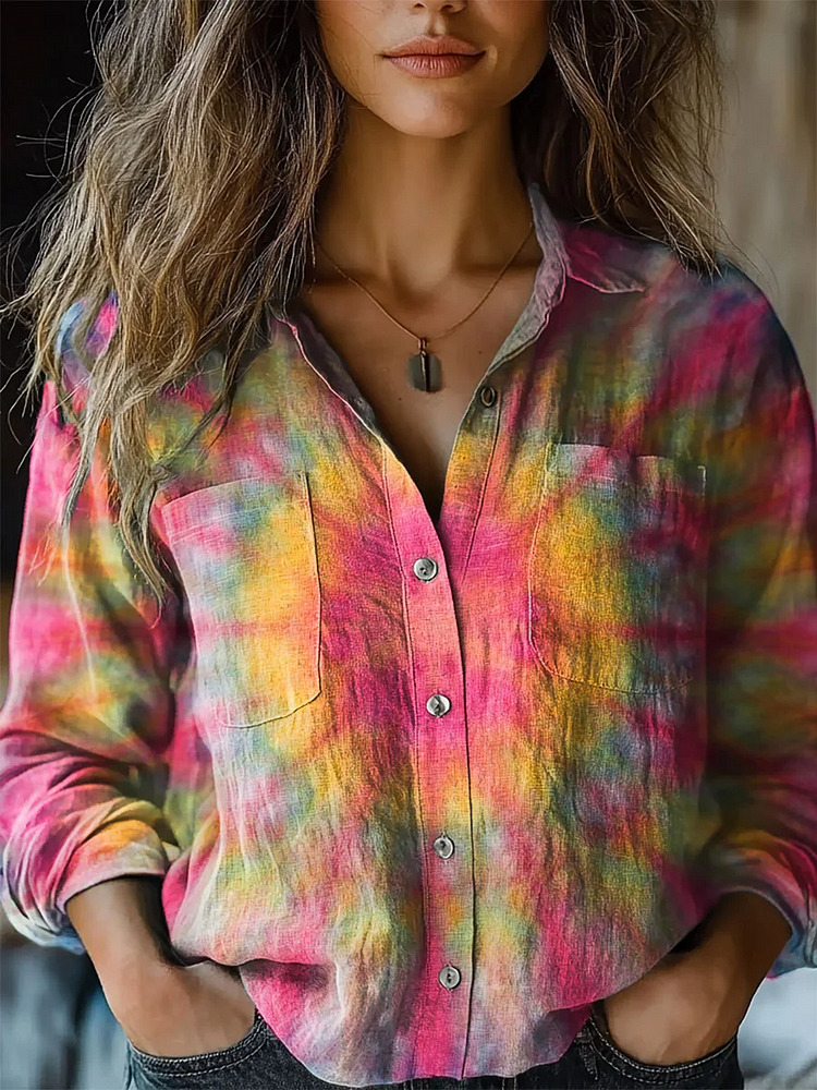 Womens Tie Dye Pattern Printed WomenS Casual Long Sleeve Comfortable Cotton Shirt
