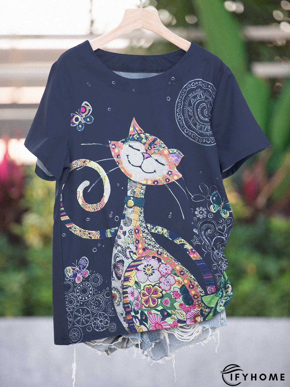 Blue Short Sleeve Floral-Print Crew Neck T-shirt | IFYHOME