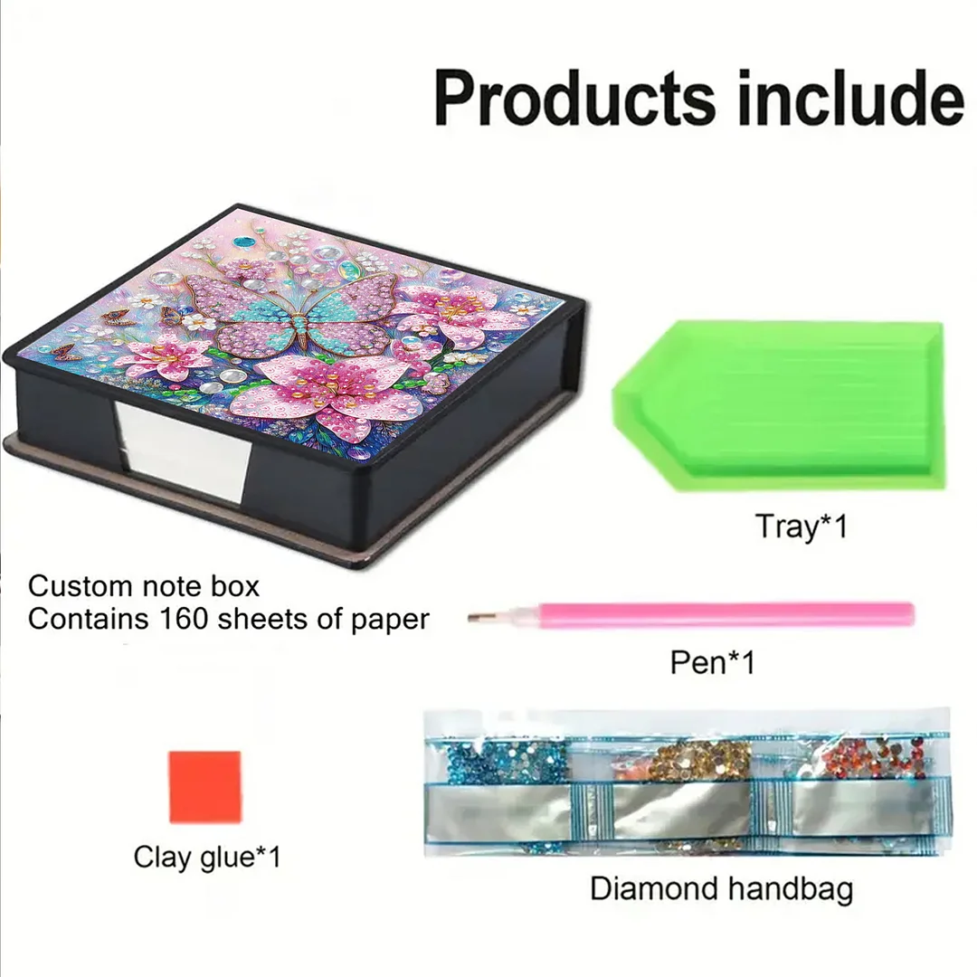 Flower Butterfly PU DIY 5D Diamond Painting Note Box w/160 Sheet for Office Home