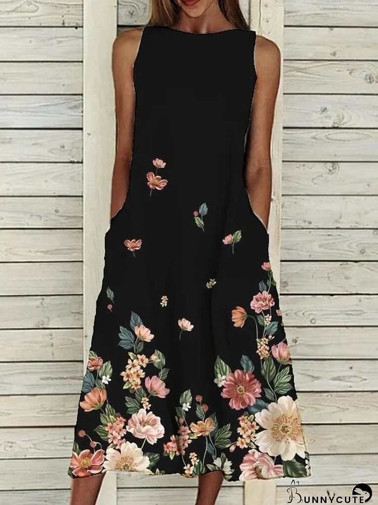 Loose Floral Print Pocket Dress for Women