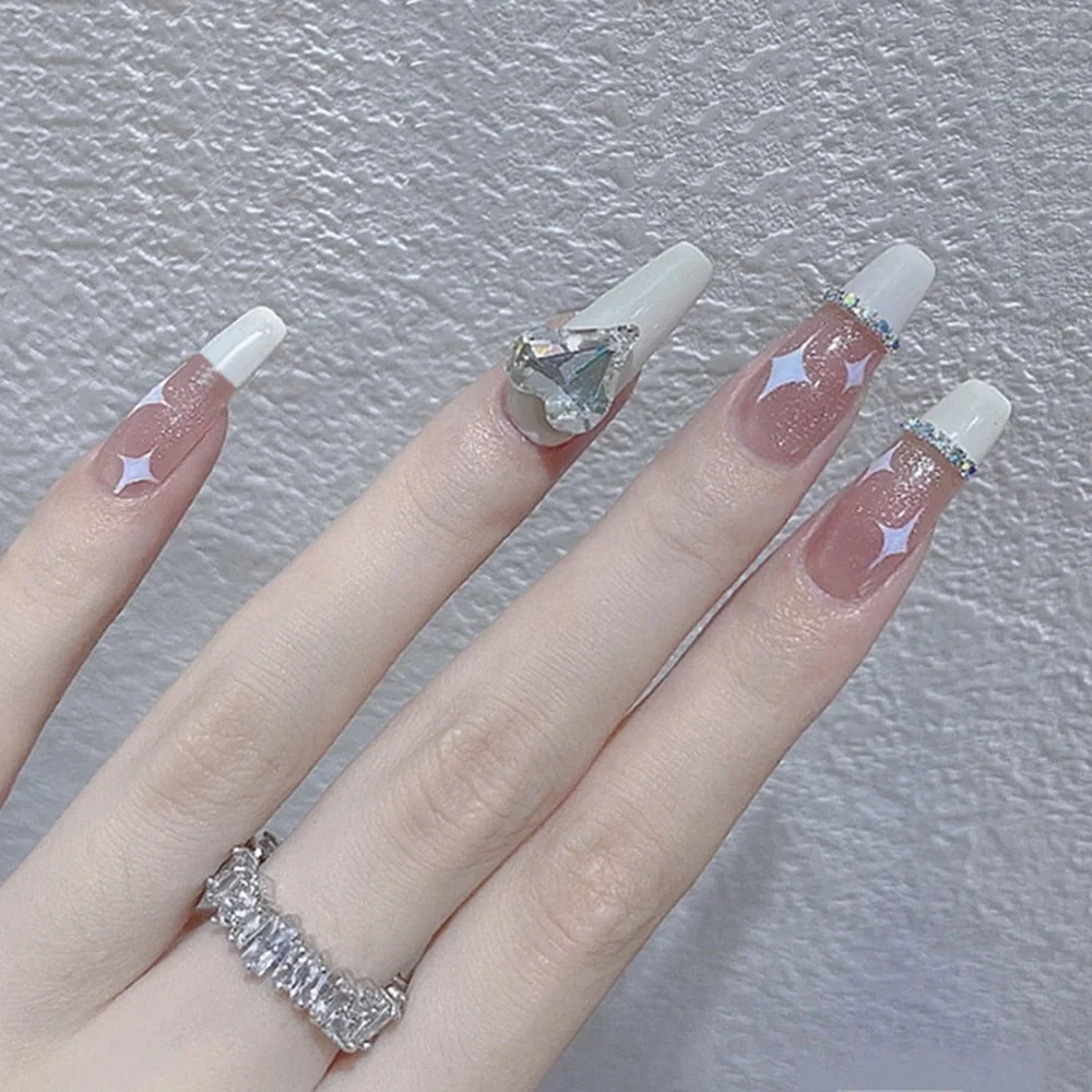 24PCS Fake Nails with Shiny Bow Diamond Design  Long Coffin Head French Style Press on Nails Wearable Full Finished Nail Patches-Nail Inspo