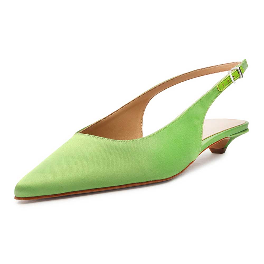 Green Satin Pointed Toe Low Heel Slingback Pumps for Ladies Nicepairs