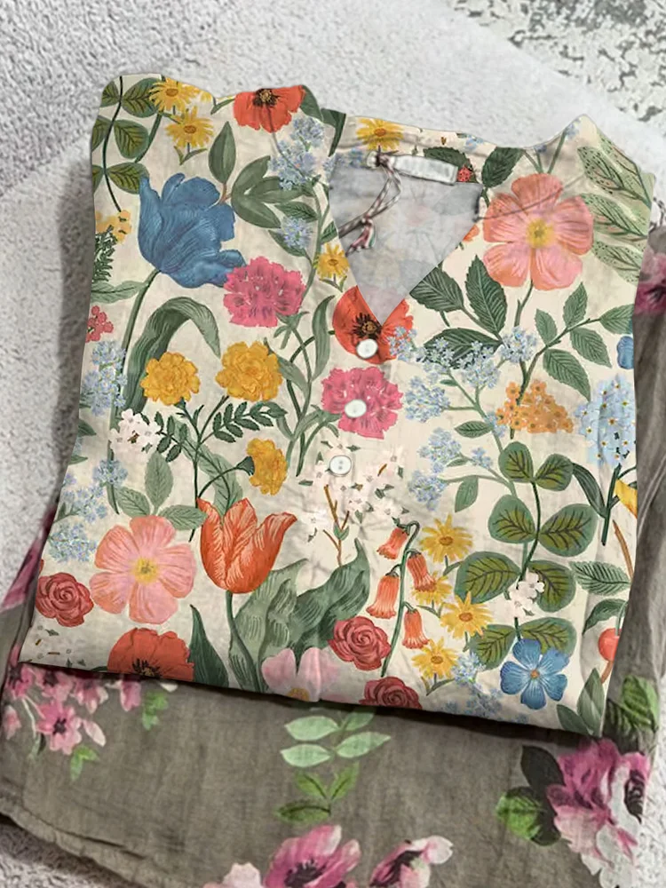 Women's Vintage Art Flower Print Casual Cotton And Linen Ruffle Shirt