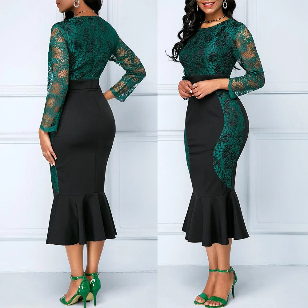 vestidos Dresses For Women 2021  Elegant Lace Patchwork Color Block Long Sleeve Fishtail Hem Bodycon Midi Dresses Party