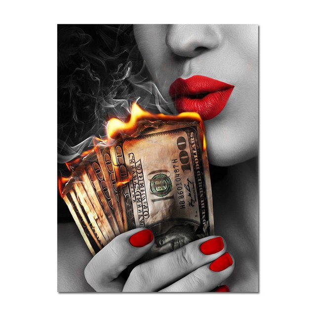 Smile Red Lips Smoking Beauty Woman Picture Burning Dollar Money Canvas Painting Wall Art Poster Home Decoration for Living Room