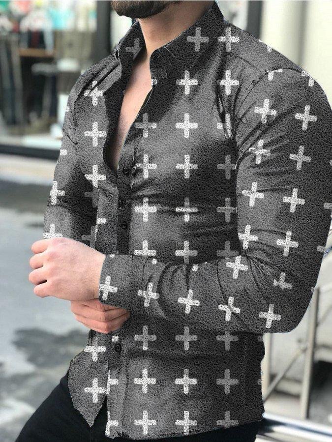 Cross print lapel collar long sleeve shirt