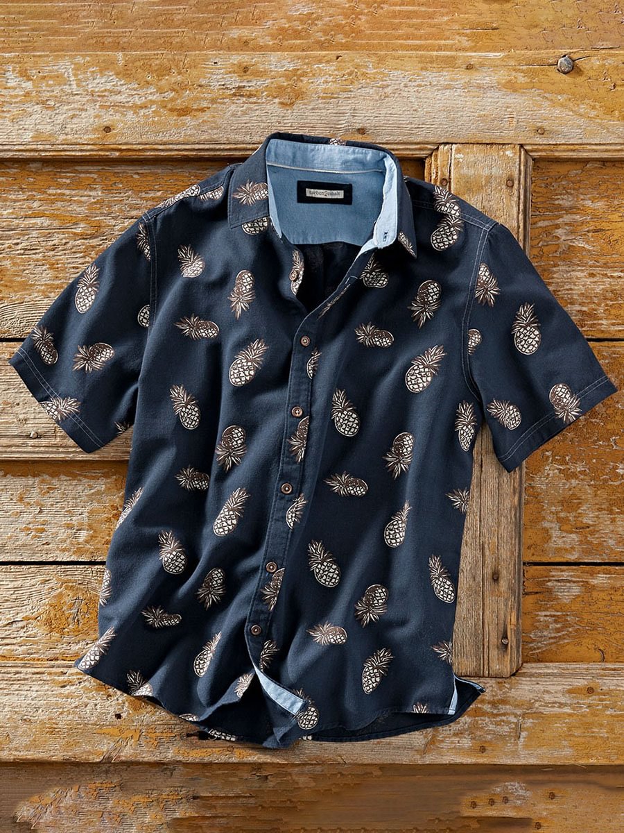 Men's Textured Pineapple Printed Short-Sleeved Cottonandlinen Shirt