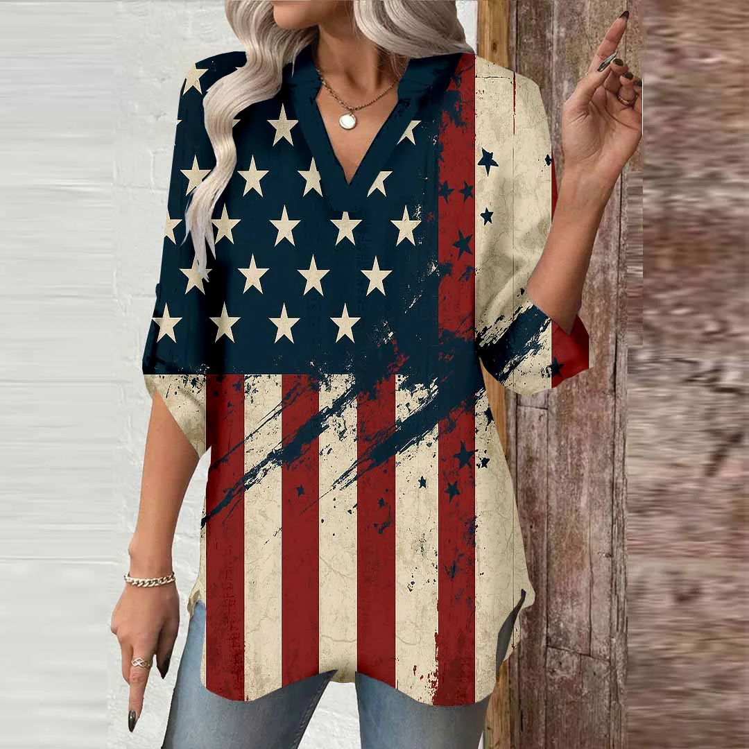 Women  Independence Day, Star, Striped, Blue, Red DZGA0245 3/4 Sleeve V-neck Printed Graphic Button Tops