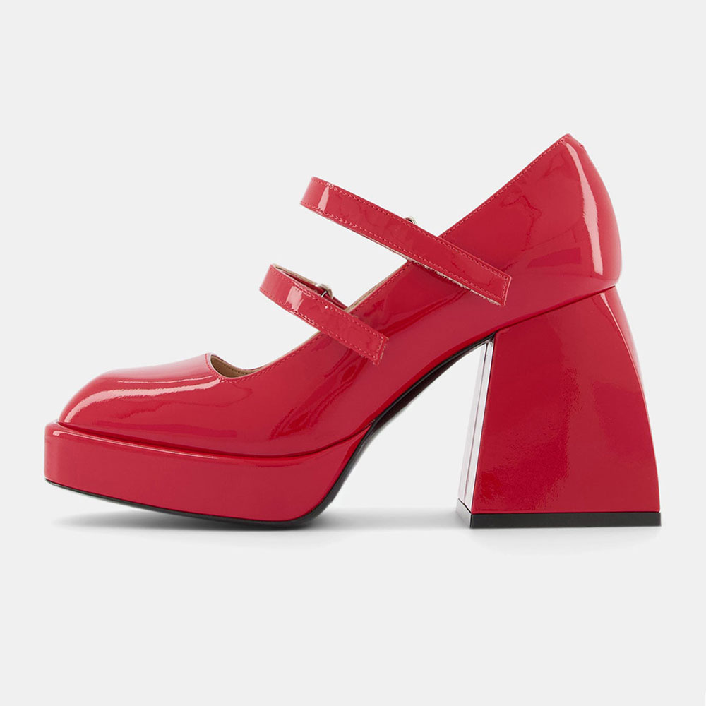 Red Patent Square Toe Block Heel Platform Mary Janes with Straps Nicepairs