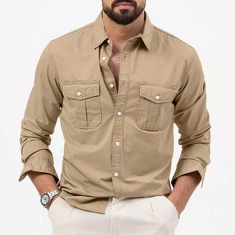 Men's Solid Lapel Breast Pocket Long Sleeve Cargo Shirt 74446815Z