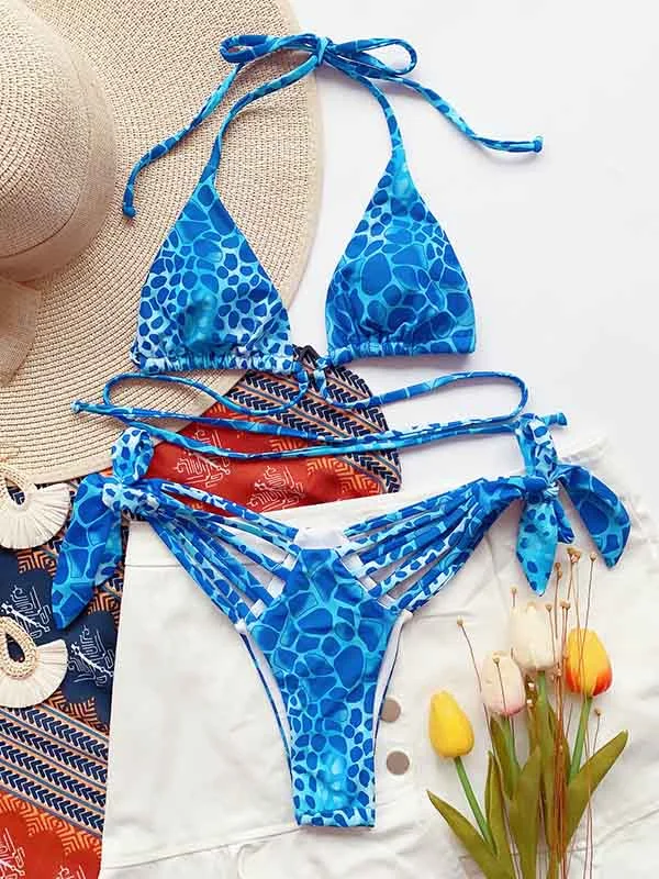 Halterneck Leopard Padded Triangles Tie Side Backless Split Bikini Swimsuit