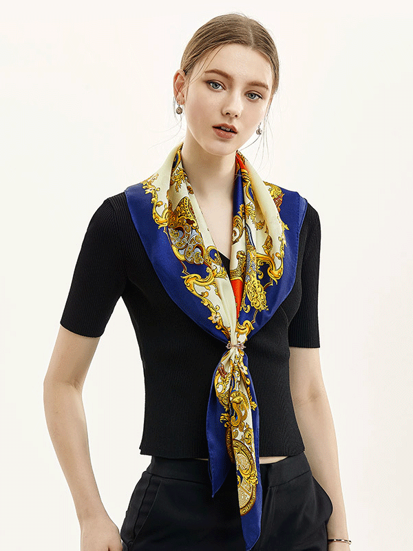 Yellow Large Printed Silk Scarf 1021180640 90*90