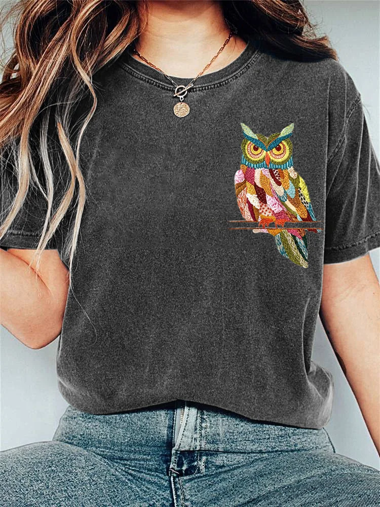 Comstylish Colorful Owl Embroidery Pattern Casual  Vintage T-Shirt