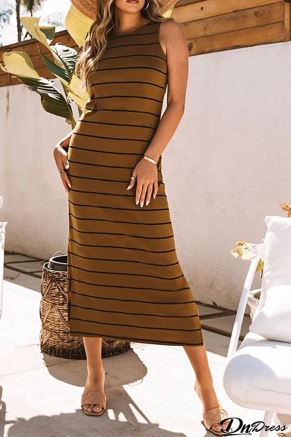 Striped Backless Casual Side Slits Maxi Dress